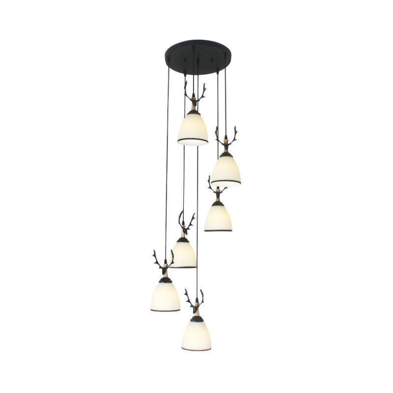 Contemporary Dome Stairs Swirl Pendant Light In Black With Opal Glass Accent Stylish Hanging