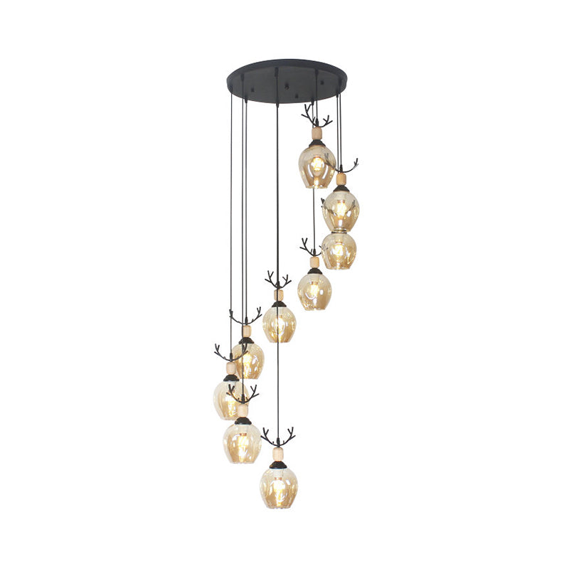 Modern Black Ceiling Lamp: 9-Head Corridor Multi Light Pendant With Dimpled Glass Shades