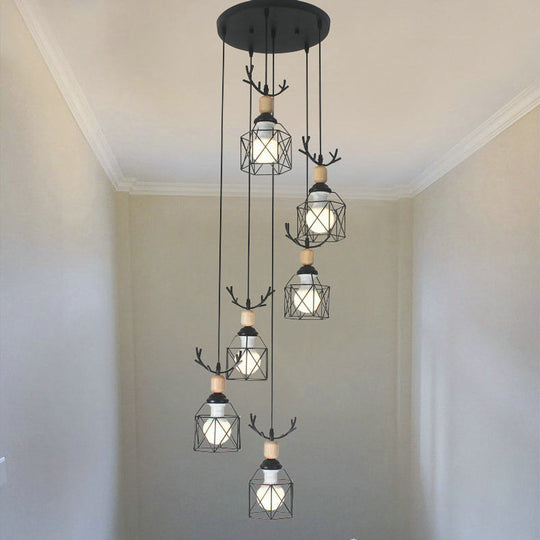 Lampe à suspension hexagonale noire moderniste avec design en spirale - Suspension multiple en métal