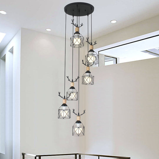Modernist Black Hexagon Cage Pendant Lamp With Spiral Metal Design