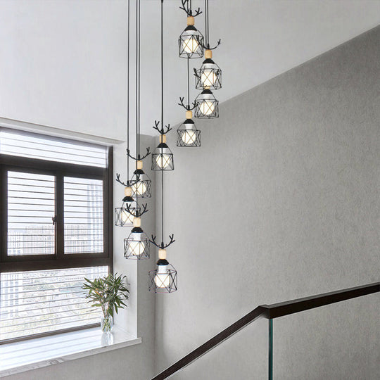 Lampe à suspension hexagonale noire moderniste avec design en spirale - Suspension multiple en métal