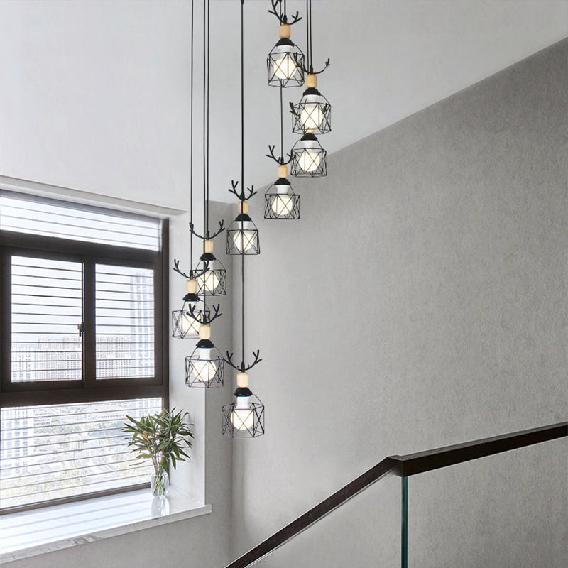 Modernist Black Hexagon Cage Pendant Lamp With Spiral Metal Design 9 / B