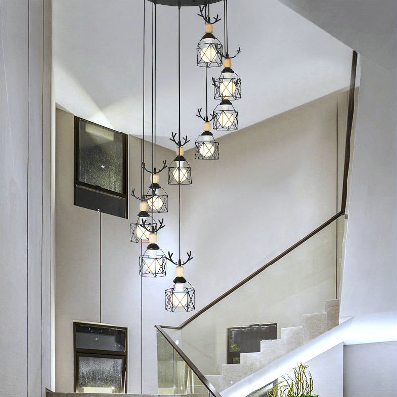 Modernist Black Hexagon Cage Pendant Lamp With Spiral Metal Design