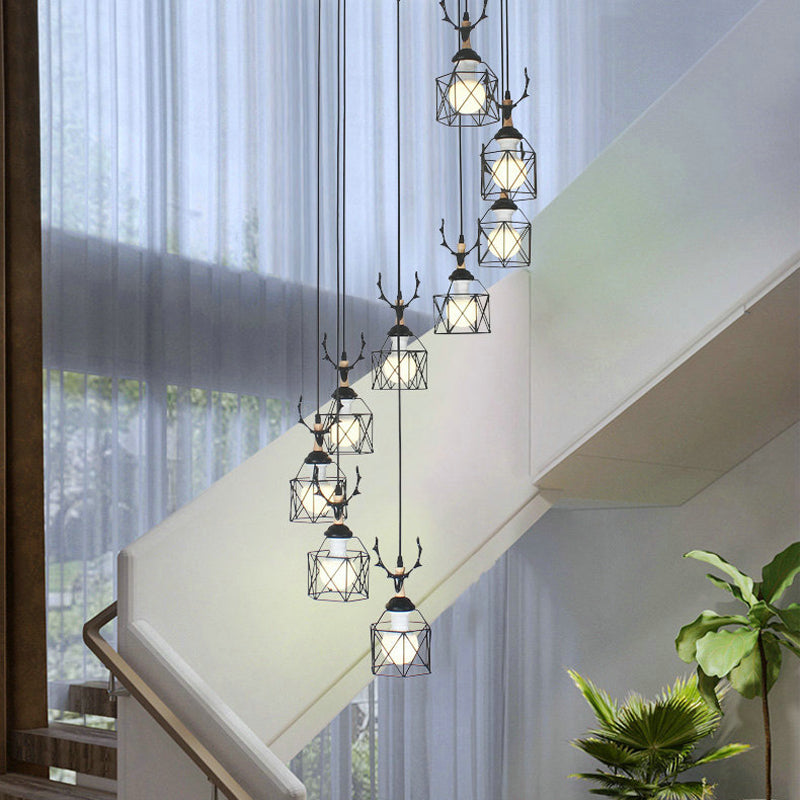 Lampe à suspension hexagonale noire moderniste avec design en spirale - Suspension multiple en métal