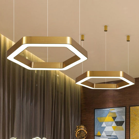 Modern Hexagon Metal Suspension Lamp - 16"/23.5"W LED Pendant Light - Gold Finish - Living Room Ceiling Hanging Fixture