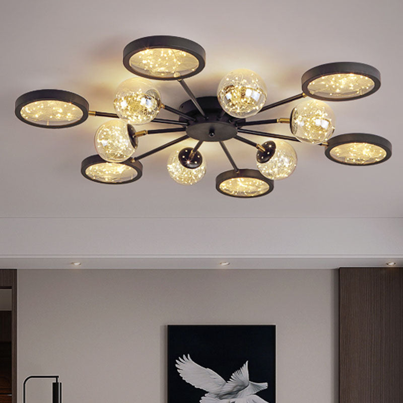 Plafonnier noir moderne avec verre ambré et guirlande lumineuse à l'intérieur