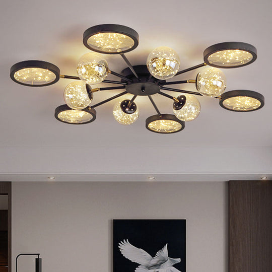 Plafonnier noir moderne avec verre ambré et guirlande lumineuse à l'intérieur