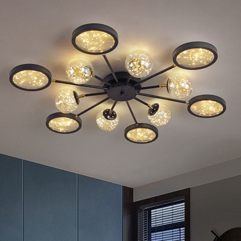 Plafonnier noir moderne avec verre ambré et guirlande lumineuse à l'intérieur