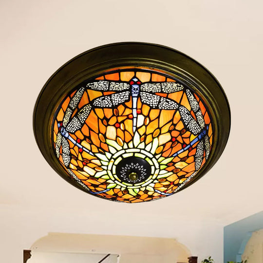 Rustic Dragonfly Stained Glass Ceiling Light - 19.5"/15" Width, Orange Indoor Flush Mount