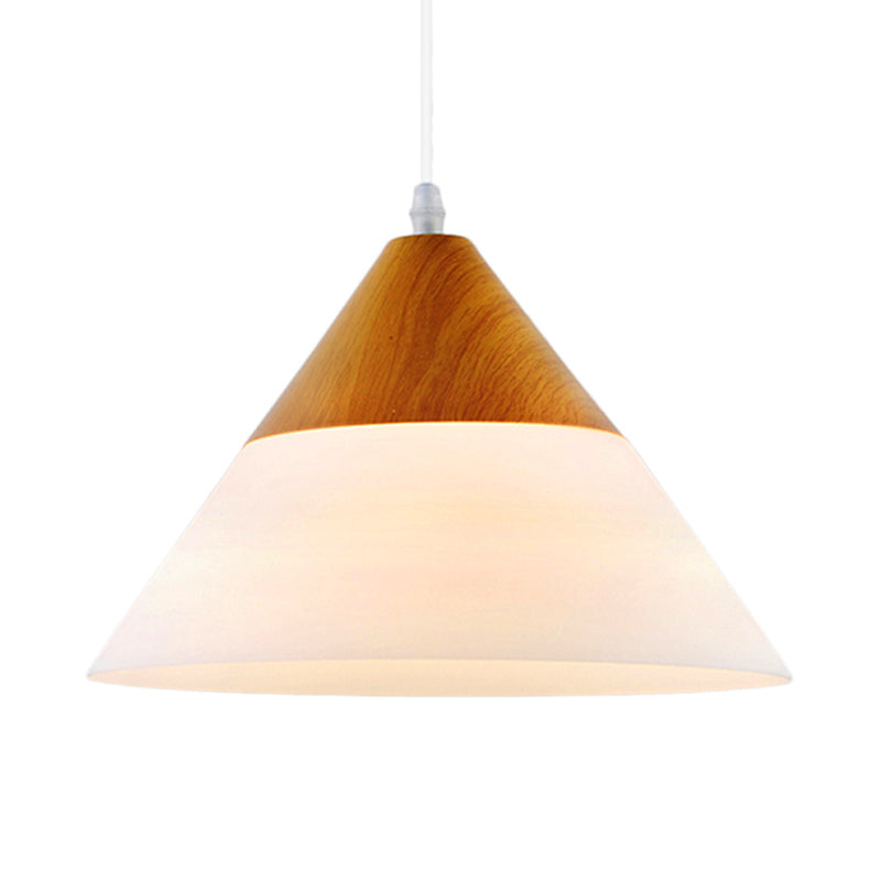 Natural Wood Cone Milk Glass Suspension Pendant Light - Modern 1-Light Fixture (5"/7.5"/10.5" Wide)
