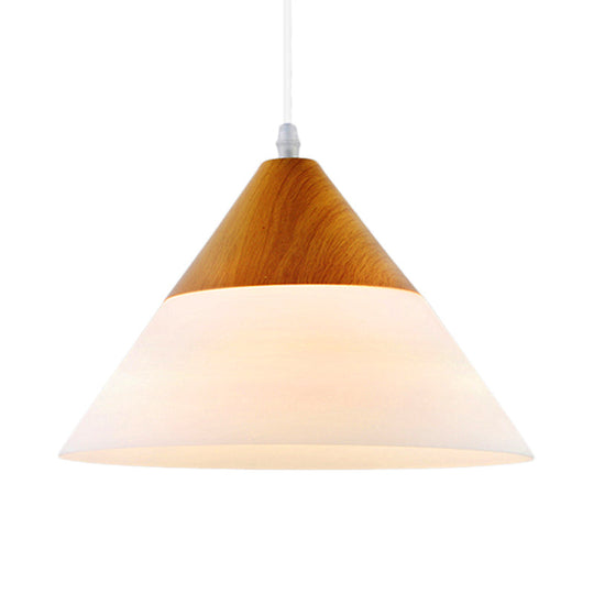 Natural Wood Cone Milk Glass Suspension Pendant Light - Modern 1-Light Fixture (5"/7.5"/10.5" Wide)