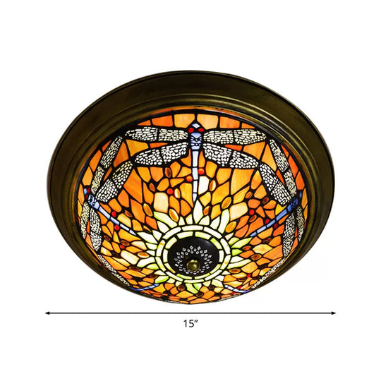Rustic Dragonfly Stained Glass Ceiling Light - 19.5"/15" Width, Orange Indoor Flush Mount