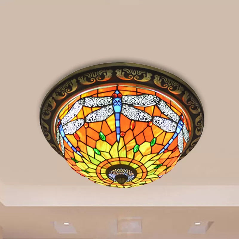 Rustic Dragonfly Stained Glass Ceiling Light - 19.5/15 Width Orange Indoor Flush Mount / 19.5