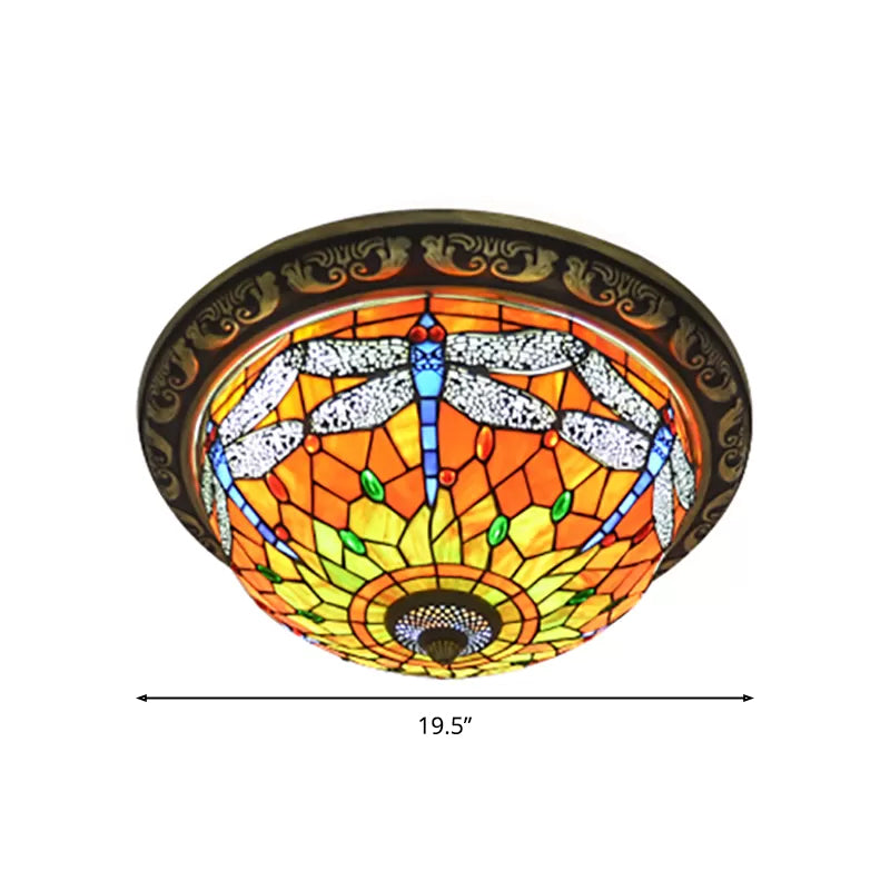Rustic Dragonfly Stained Glass Ceiling Light - 19.5"/15" Width, Orange Indoor Flush Mount