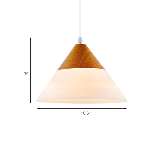 Natural Wood Cone Milk Glass Suspension Pendant Light - Modern 1-Light Fixture (5"/7.5"/10.5" Wide)