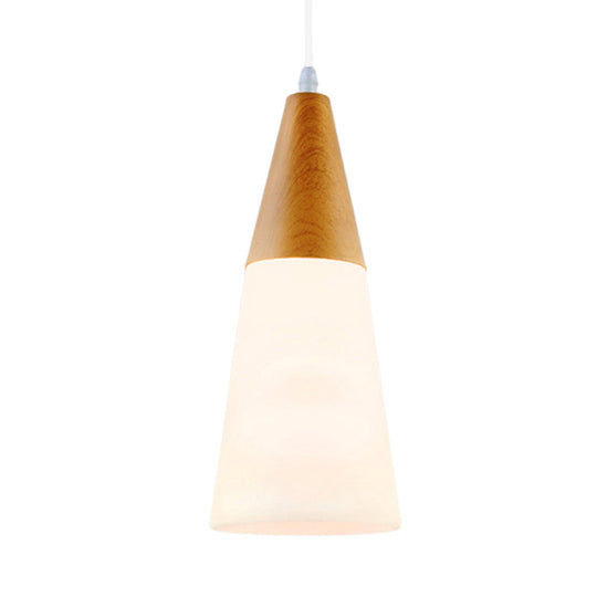 Natural Wood Cone Milk Glass Suspension Pendant Light - Modern 1-Light Fixture (5"/7.5"/10.5" Wide)