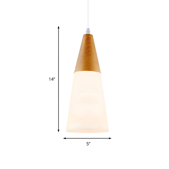 Modern Cone Milk Glass Suspension Pendant - Natural Wood Hanging Light Fixture (1-Light 5/7.5/10.5
