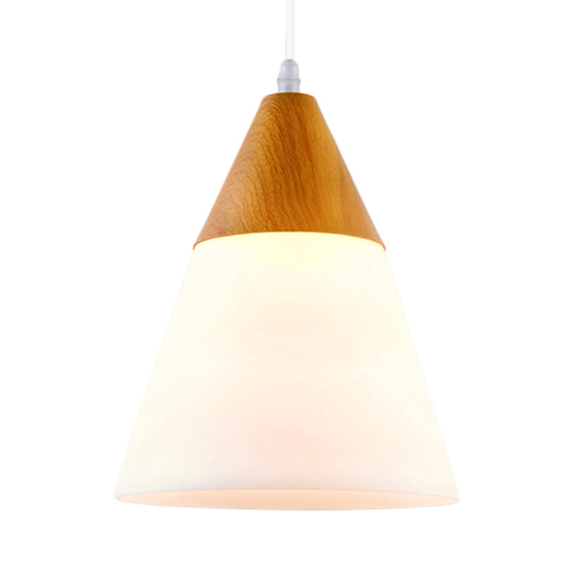 Natural Wood Cone Milk Glass Suspension Pendant Light - Modern 1-Light Fixture (5"/7.5"/10.5" Wide)