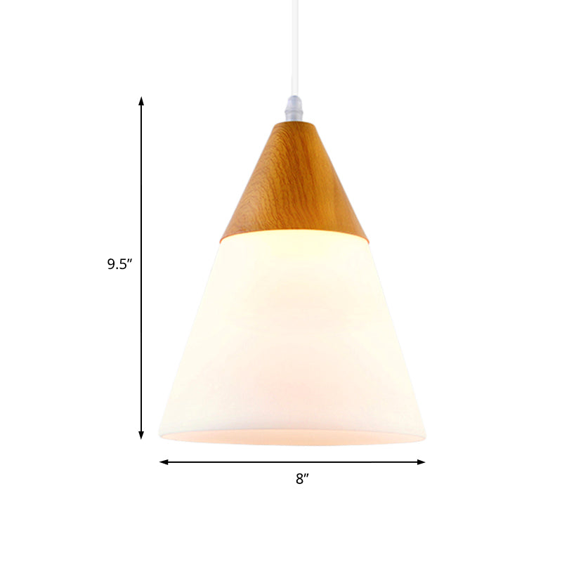 Natural Wood Cone Milk Glass Suspension Pendant Light - Modern 1-Light Fixture (5"/7.5"/10.5" Wide)
