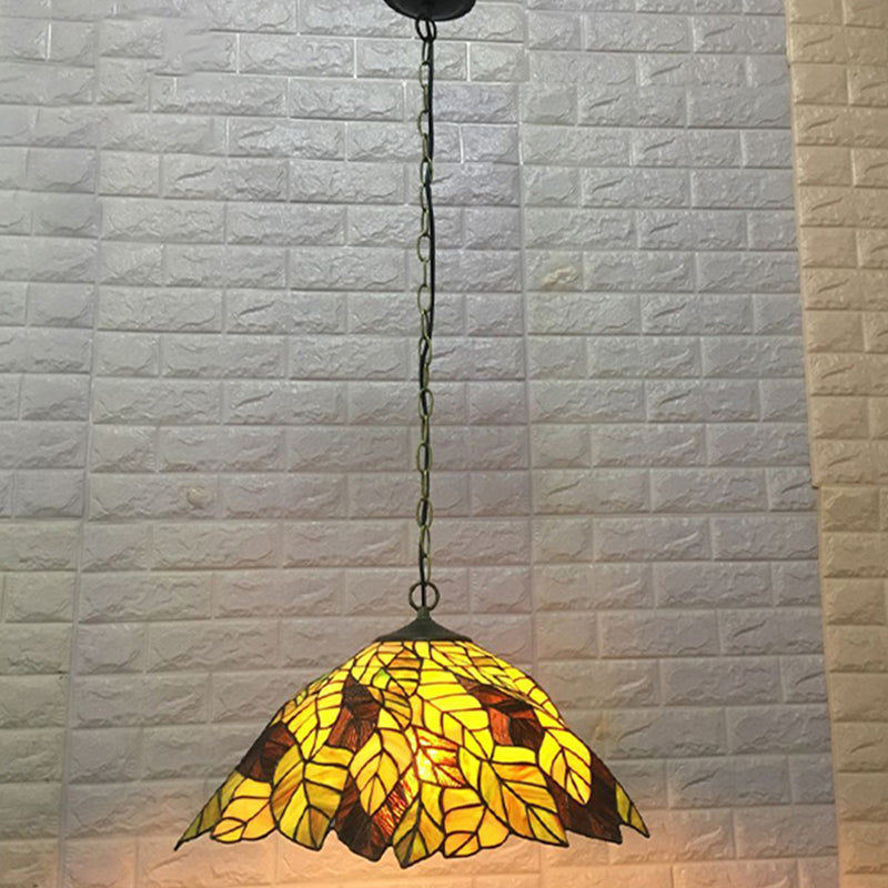 Yellow Cone Drop Pendant Ceiling Light: Art Glass With Leaf Pattern