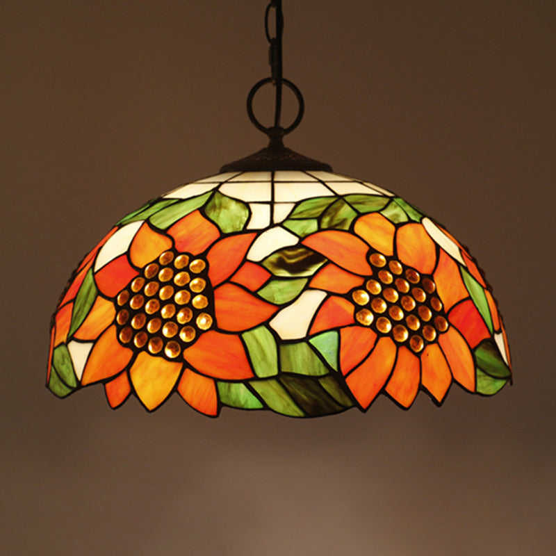 Black Baroque Stained Glass Chandelier Pendant Light Kit - 3-Bulb Domed Design With Petal Pattern /