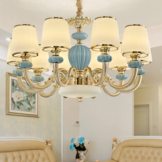 Blue Frosted Glass Barrel Chandelier - Simple Ceramic Suspension Pendant for Living Room
