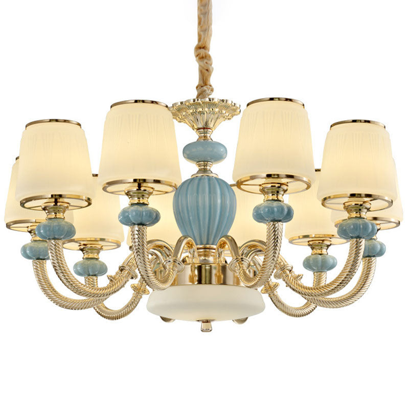 Blue Frosted Glass Barrel Chandelier - Simple Ceramic Suspension Pendant for Living Room