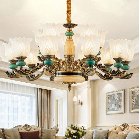 Contemporary Green Chandelier with Frosted Glass Floral Drop Lamp