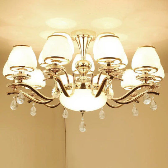 Modernist White Glass Pendant Chandelier with Crystal Droplets - Gold Urn Shade Design