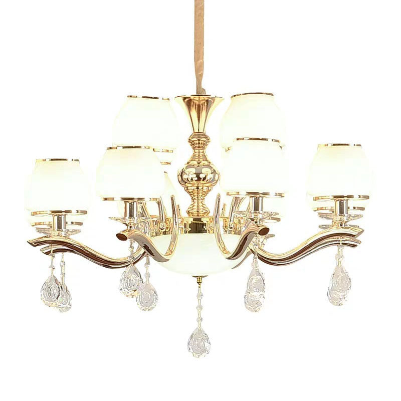 Modern White Glass Chandelier With Crystal Droplet And Gold Urn Shade Pendant Light