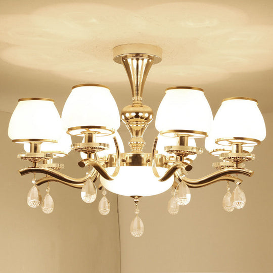 Modernist White Glass Pendant Chandelier with Crystal Droplets - Gold Urn Shade Design