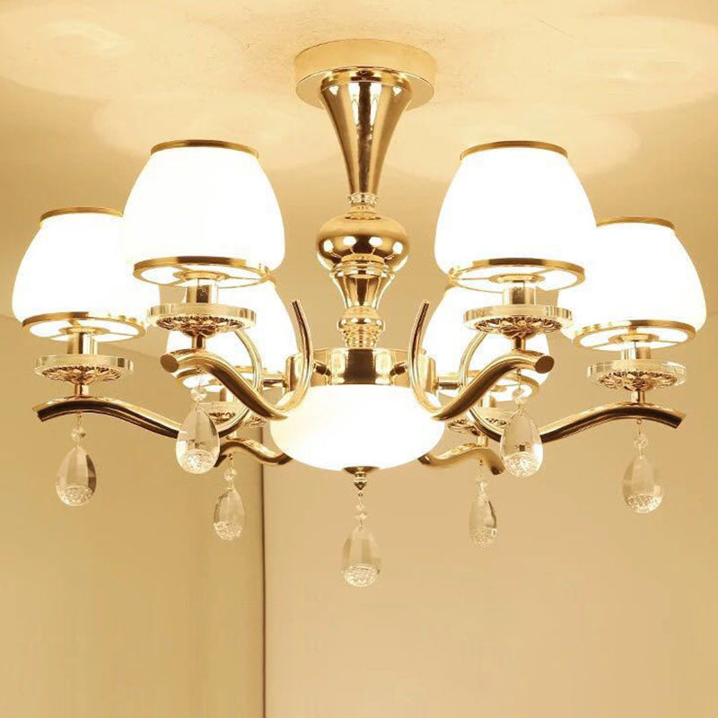 Modernist White Glass Pendant Chandelier with Crystal Droplets - Gold Urn Shade Design