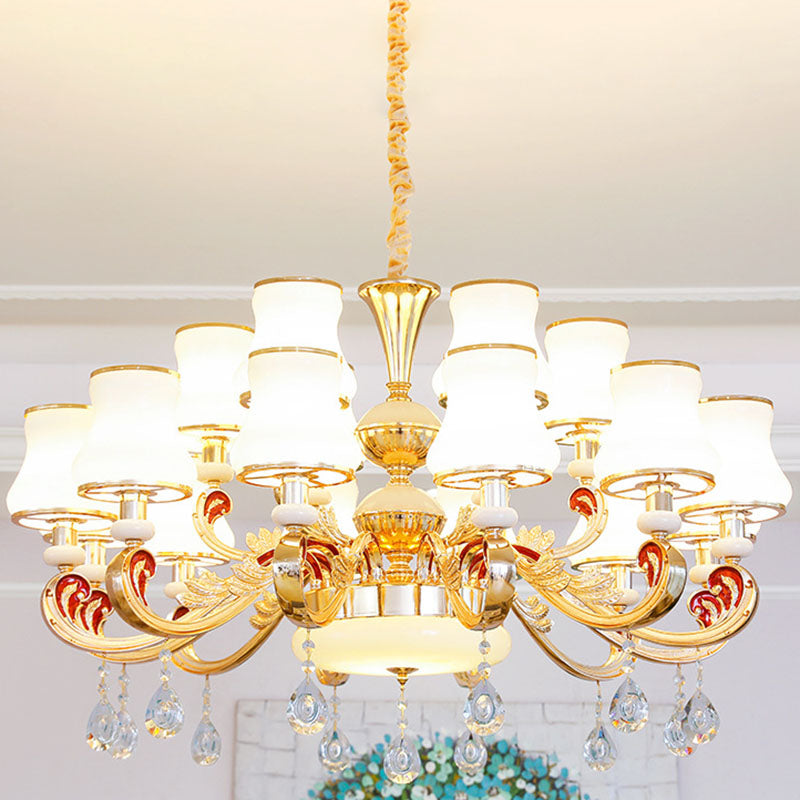 Gold Curved Downlight Pendant Chandelier with White Frosted Glass Shade