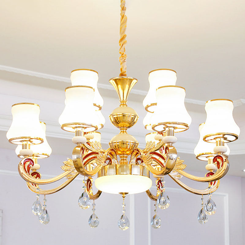 Gold Curved Downlight Pendant Chandelier with White Frosted Glass Shade