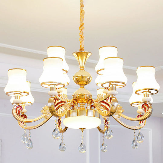 Gold Curved Downlight Pendant Chandelier with White Frosted Glass Shade