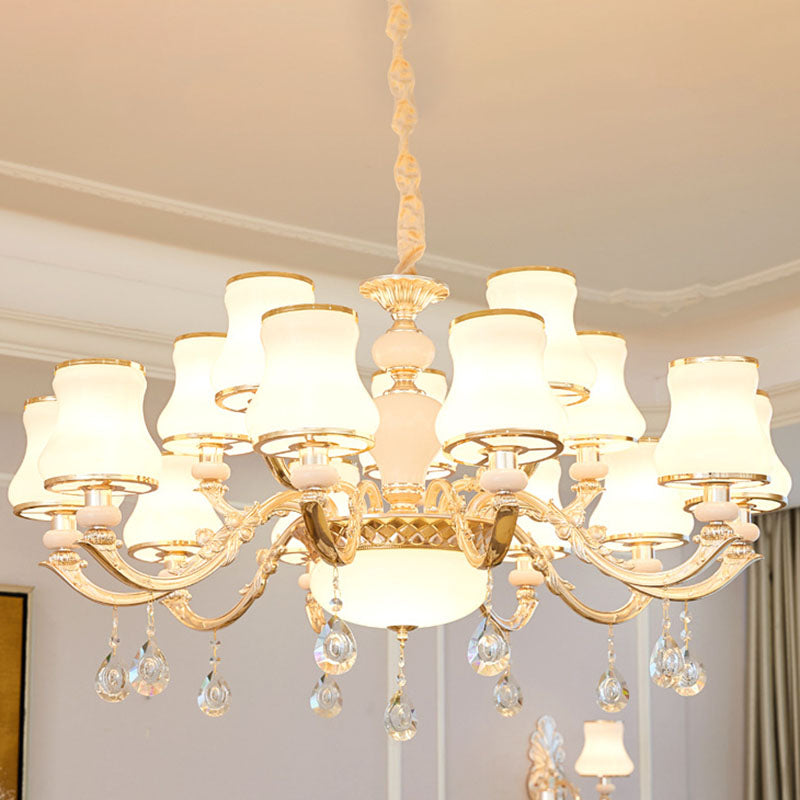 Minimalist Gold Chandelier Pendant With Curved Down Lighting And Frosted Glass Shade