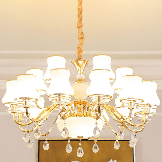 Gold Curved Downlight Pendant Chandelier with White Frosted Glass Shade