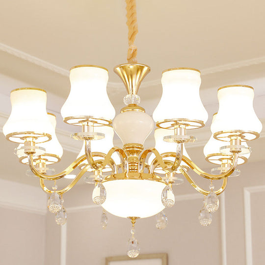 Gold Curved Downlight Pendant Chandelier with White Frosted Glass Shade