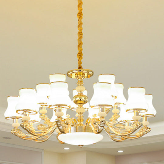 Gold Curved Downlight Pendant Chandelier with White Frosted Glass Shade