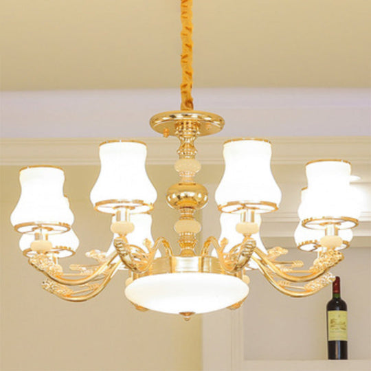 Gold Curved Downlight Pendant Chandelier with White Frosted Glass Shade