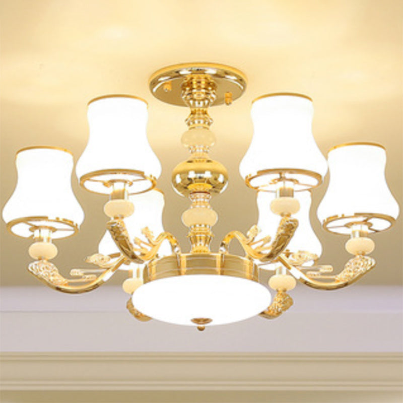 Gold Curved Downlight Pendant Chandelier with White Frosted Glass Shade