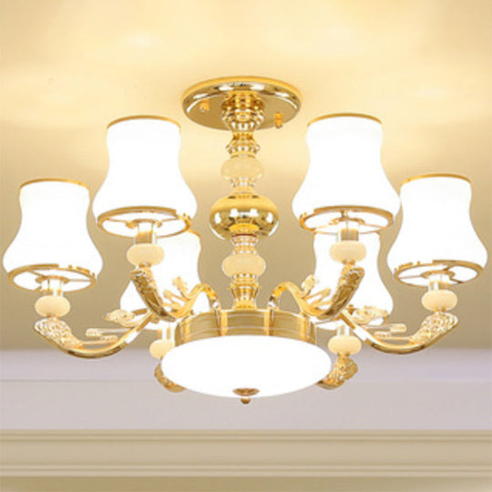 Gold Curved Downlight Pendant Chandelier with White Frosted Glass Shade