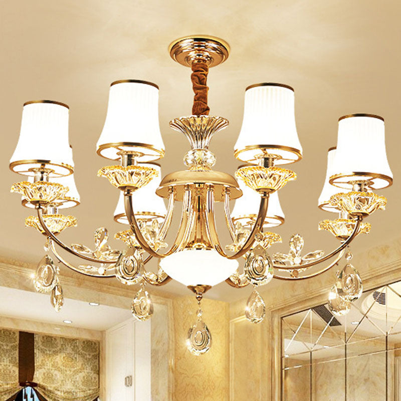 Gold Modern Chandelier with Opal Ribbed Glass Bell Shade: Living Room Hanging Lamp