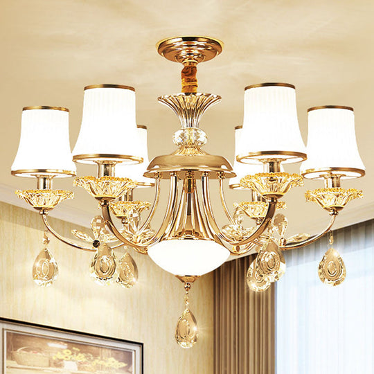 Gold Modern Chandelier with Opal Ribbed Glass Bell Shade: Living Room Hanging Lamp
