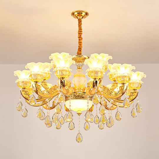 Modern Gold Chandelier with Floral K9 Crystal Drops for Bedroom Lighting