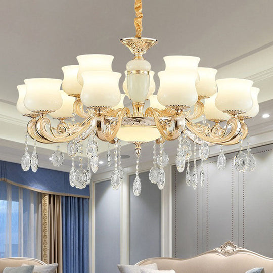 White Faux Jade Urn Pendant Chandelier with Crystal Accent - Modernist Hanging Ceiling Light