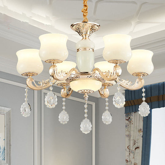 White Faux Jade Urn Pendant Chandelier with Crystal Accent - Modernist Hanging Ceiling Light