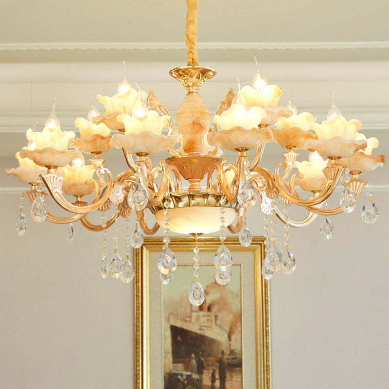 Rustic Jade Gold Chandelier - Floral Living Room Pendant With Crystal Draping