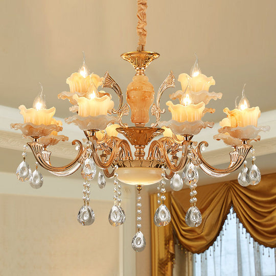 Rustic Jade Gold Chandelier - Floral Living Room Pendant With Crystal Draping 12 / A