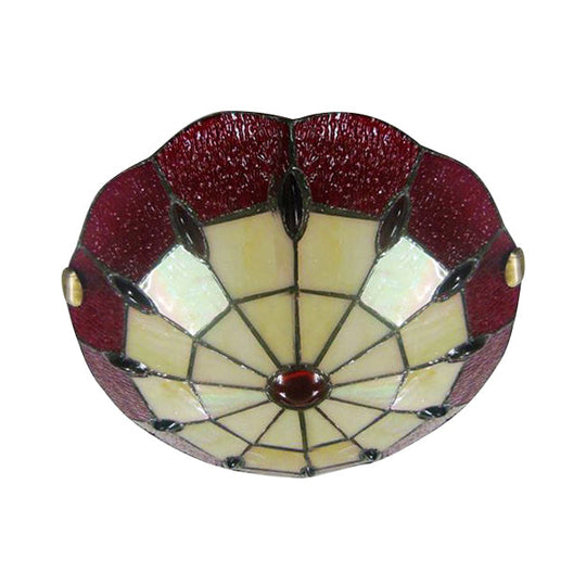 Tiffany Style Bedroom Ceiling Light 12"/16"/19.5" W Dome Shade Flush Mount with Red Jewel Decoration
